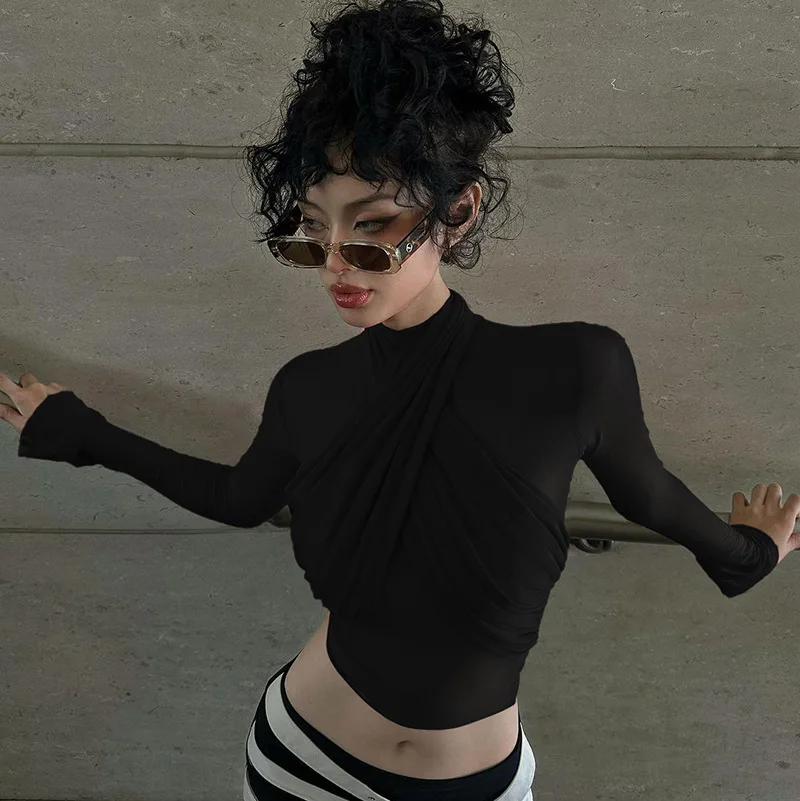 2025 Fashion Mesh High Neck Long Sleeve Red Wrinkle Bandage Sexy Transparent Umbilical T-shirt Top Street Apparel