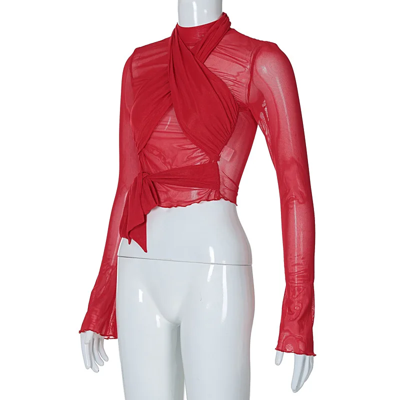 2025 Fashion Mesh High Neck Long Sleeve Red Wrinkle Bandage Sexy Transparent Umbilical T-shirt Top Street Apparel