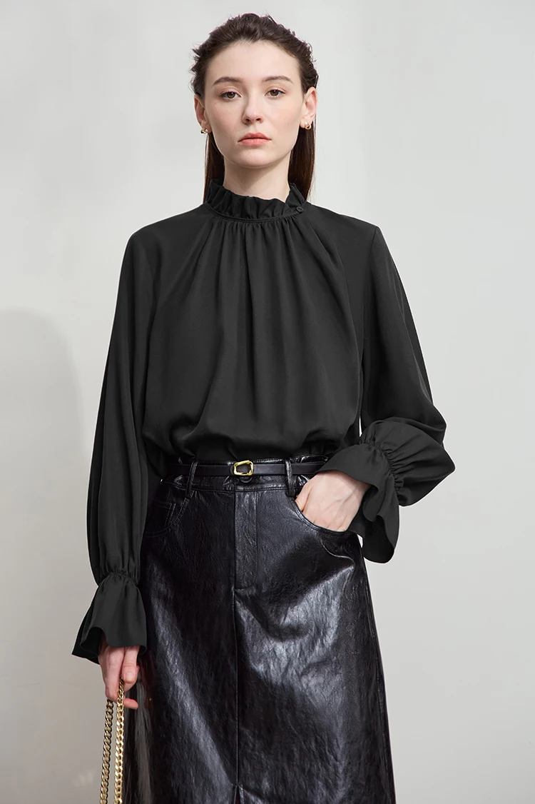 AMII Women's Blouse Simple Loose Stand Collar Butterfly Sleeve Shirts and Blouses 2025 Autumn New Office Ladies Tops 12543102