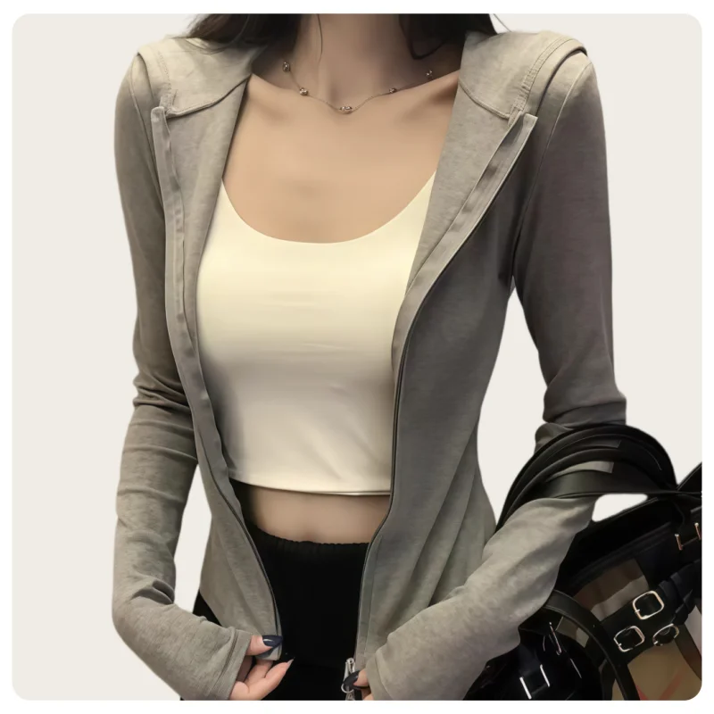 Korean Style Spring and Autumn Women's Light Gray Vertical Stripe Slim-Fit Thin Short Jacket with Two-Way Zipper Hoodie