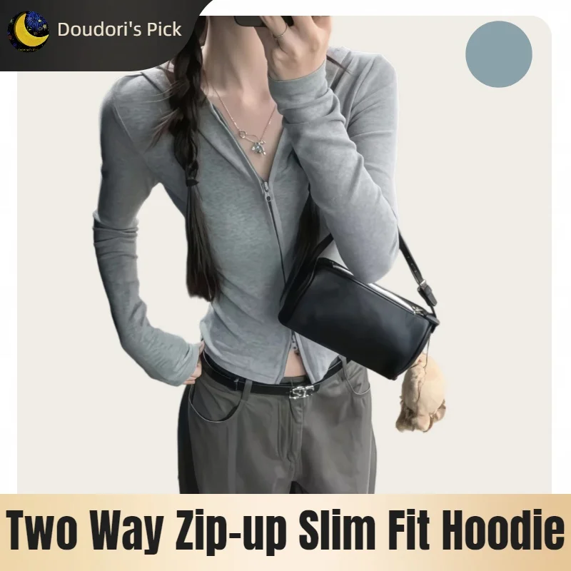 Korean Style Spring and Autumn Women's Light Gray Vertical Stripe Slim-Fit Thin Short Jacket with Two-Way Zipper Hoodie