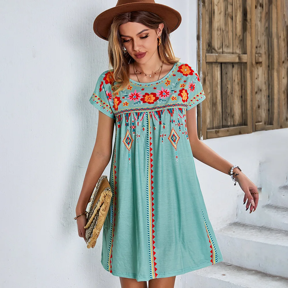 Spring/Summer New Product Loose Short Skirt Round Neck Mini Skirt Fashion Printed A-Line Skirt Suitable For Vacation And Beach