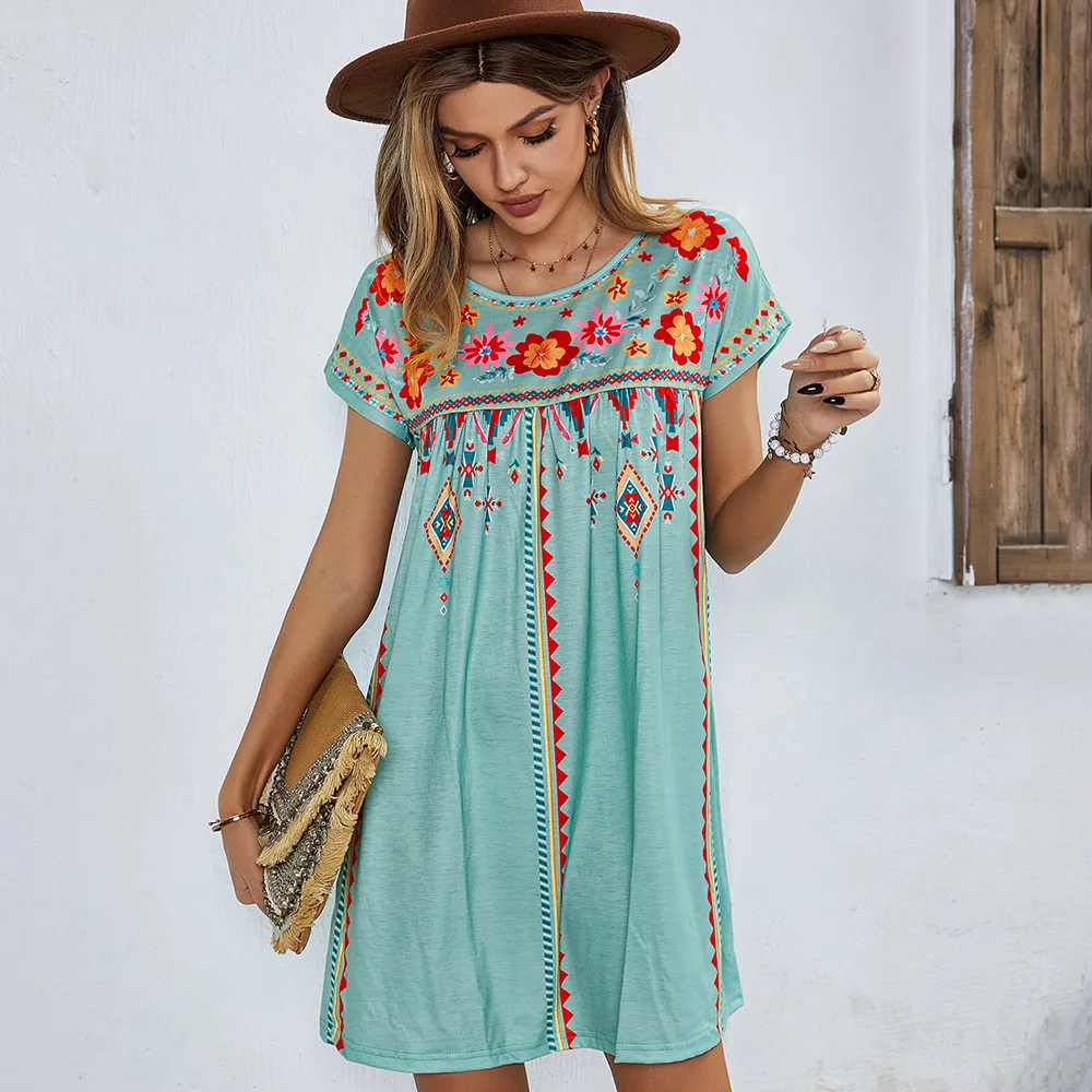 Spring/Summer New Product Loose Short Skirt Round Neck Mini Skirt Fashion Printed A-Line Skirt Suitable For Vacation And Beach
