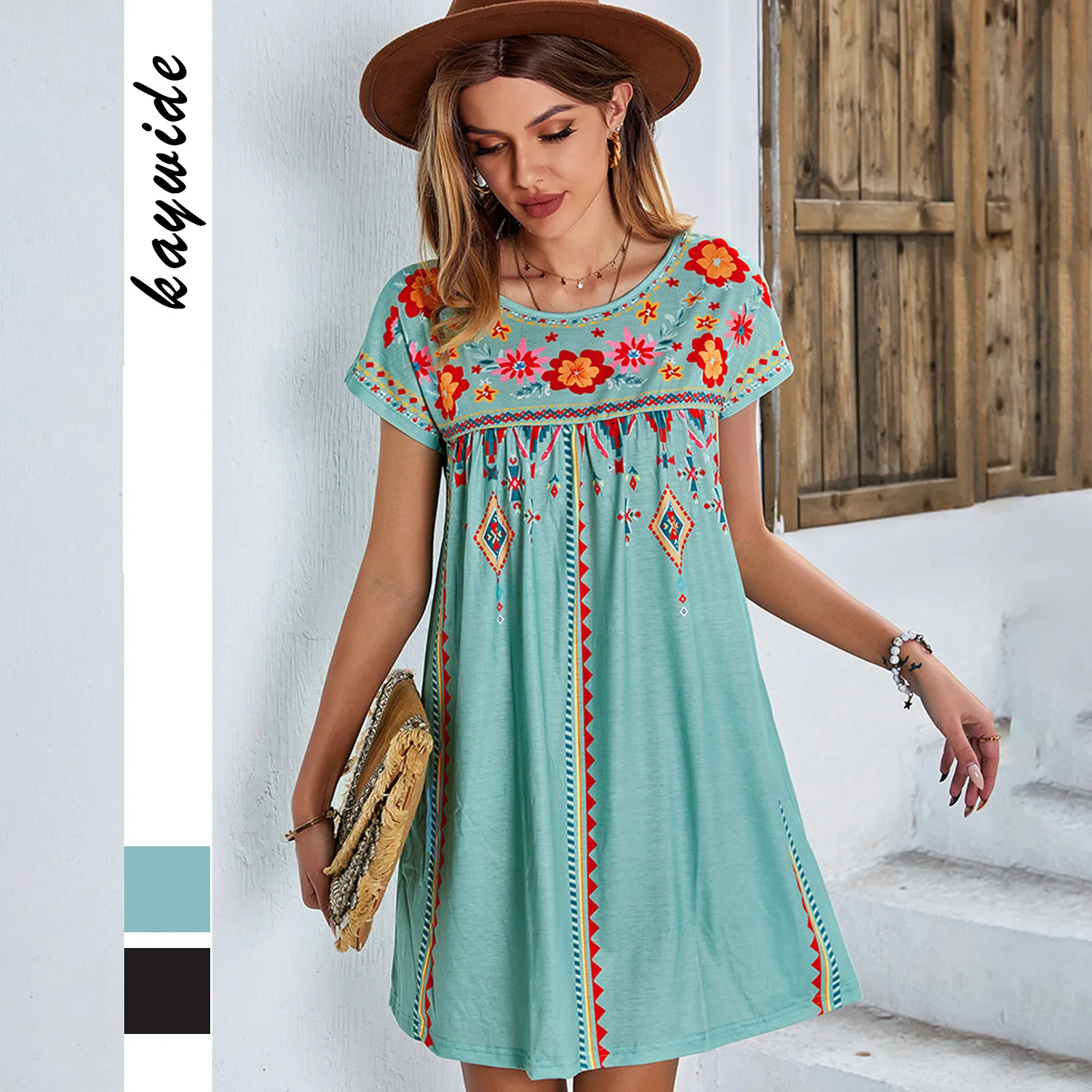 Spring/Summer New Product Loose Short Skirt Round Neck Mini Skirt Fashion Printed A-Line Skirt Suitable For Vacation And Beach