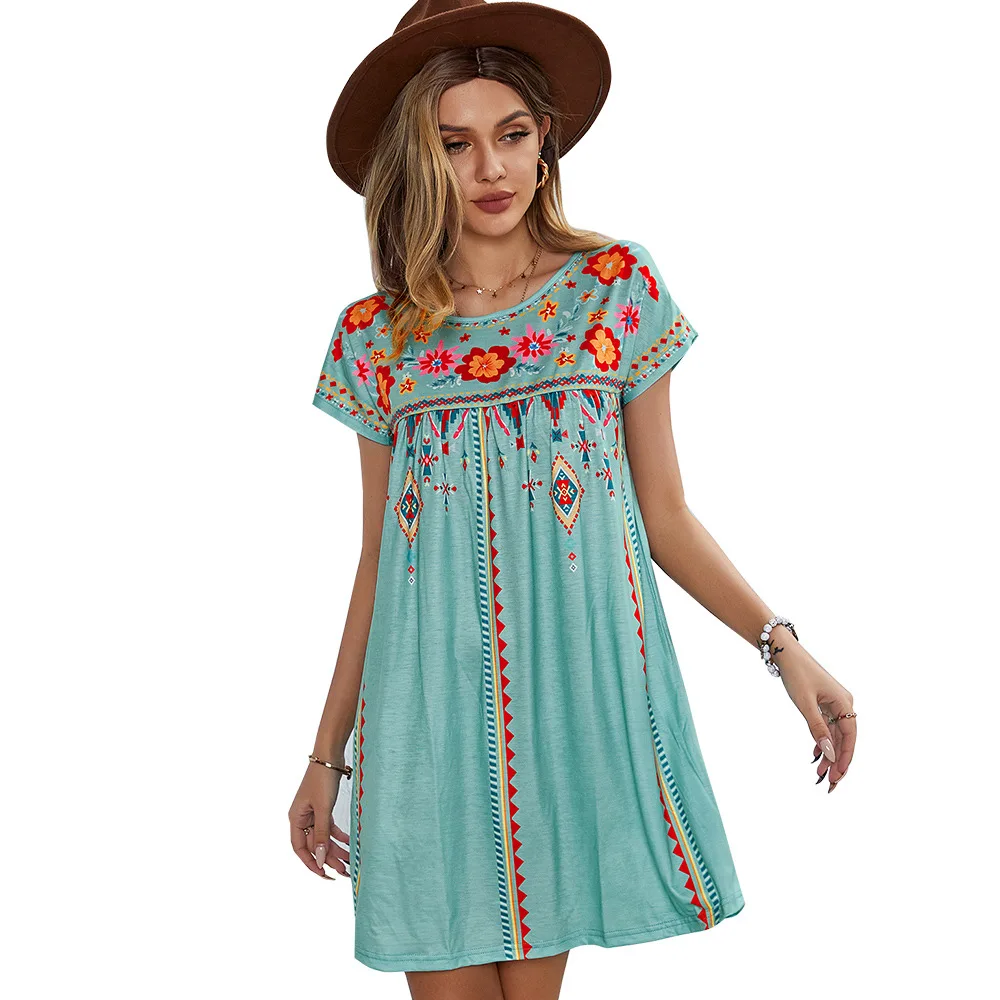 Spring/Summer New Product Loose Short Skirt Round Neck Mini Skirt Fashion Printed A-Line Skirt Suitable For Vacation And Beach