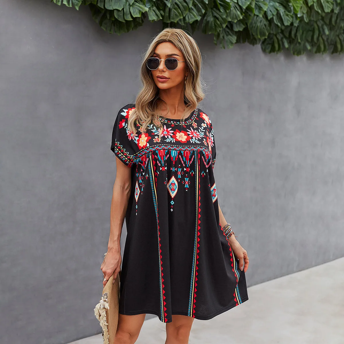 Spring/Summer New Product Loose Short Skirt Round Neck Mini Skirt Fashion Printed A-Line Skirt Suitable For Vacation And Beach