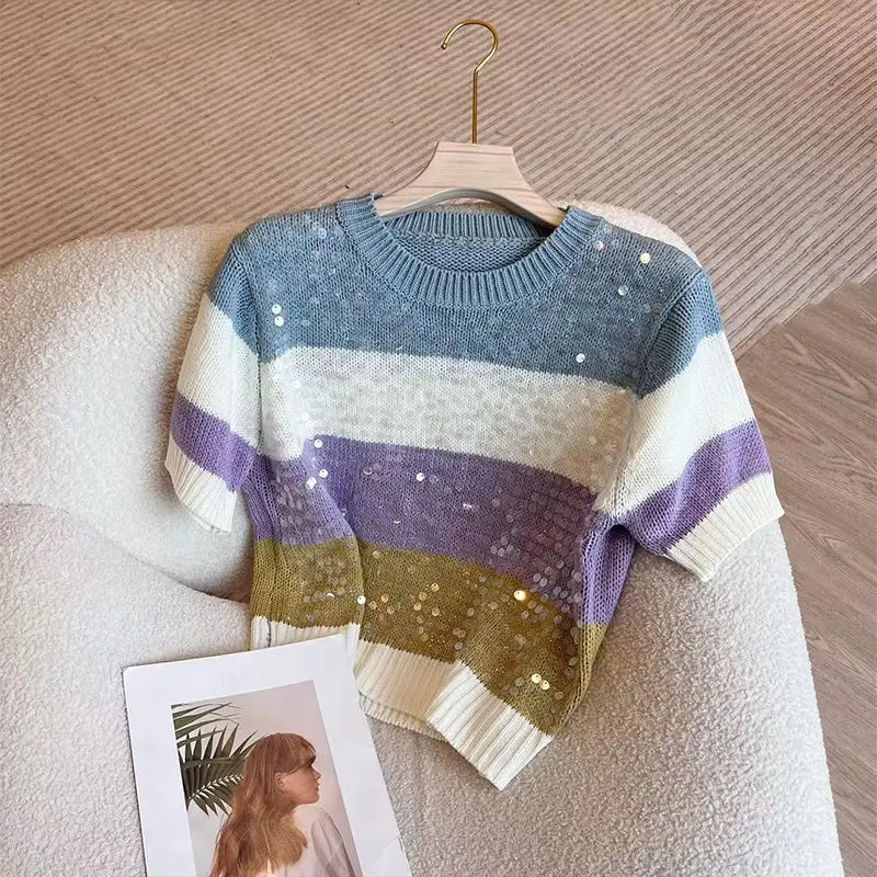Fashion Heavy Industry Round Neck Sequin Short Sleeve Striped Women T-Shirt Summer New Knitwear Slim Versatile Basic Top Female