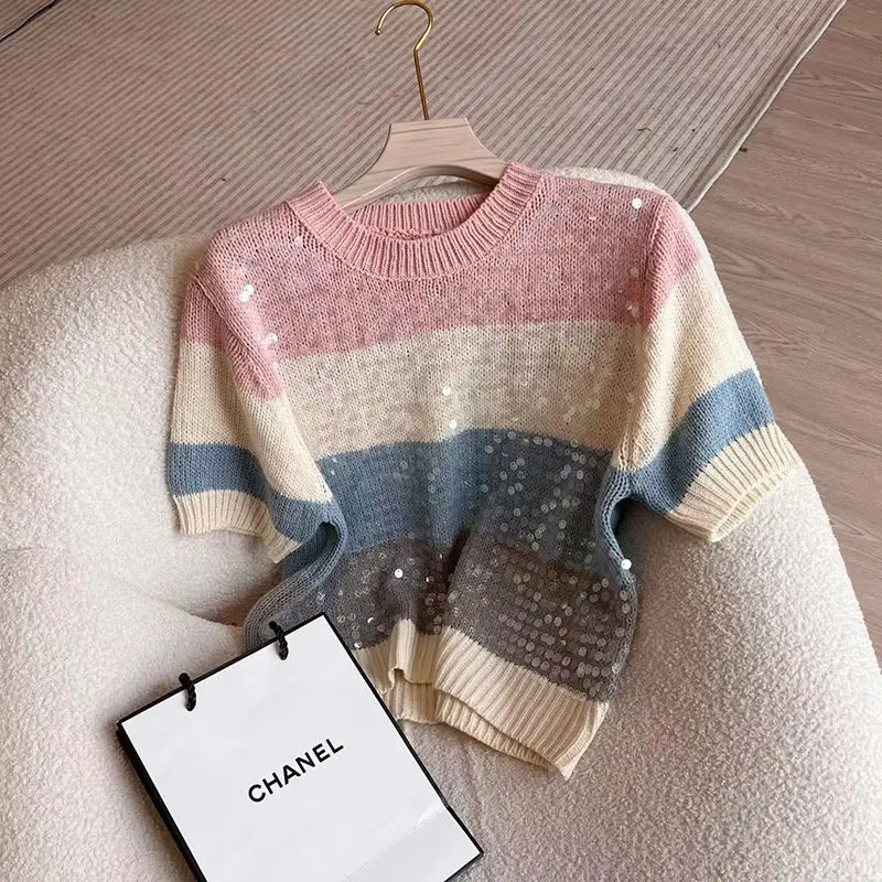 Fashion Heavy Industry Round Neck Sequin Short Sleeve Striped Women T-Shirt Summer New Knitwear Slim Versatile Basic Top Female