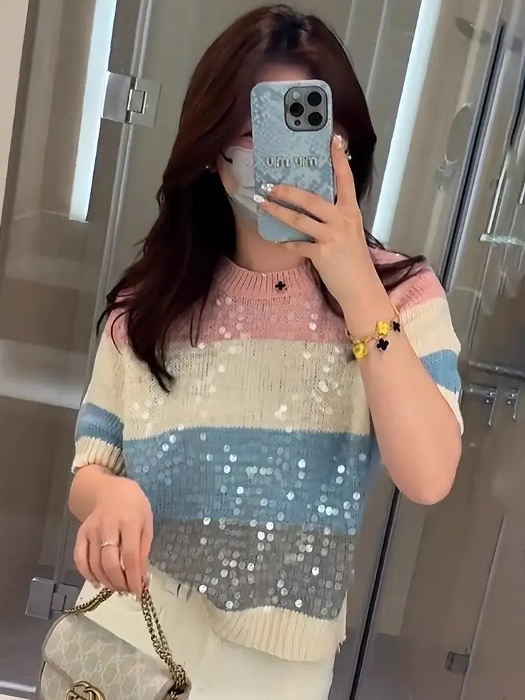 Fashion Heavy Industry Round Neck Sequin Short Sleeve Striped Women T-Shirt Summer New Knitwear Slim Versatile Basic Top Female