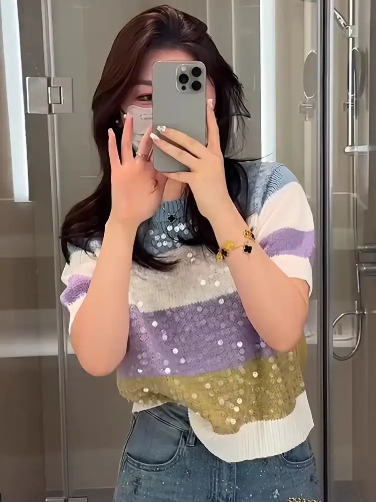 Fashion Heavy Industry Round Neck Sequin Short Sleeve Striped Women T-Shirt Summer New Knitwear Slim Versatile Basic Top Female