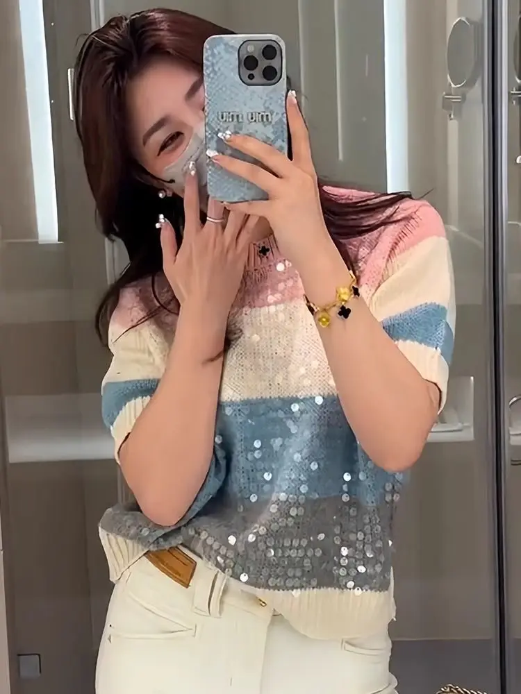 Fashion Heavy Industry Round Neck Sequin Short Sleeve Striped Women T-Shirt Summer New Knitwear Slim Versatile Basic Top Female