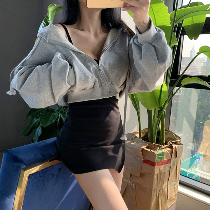 Autumn Winter Short Sweatshirt for Women Solid Hooded Sports Zipper Cropped Jacket Woman Fashion High Waist Loose-Fit Hoodies