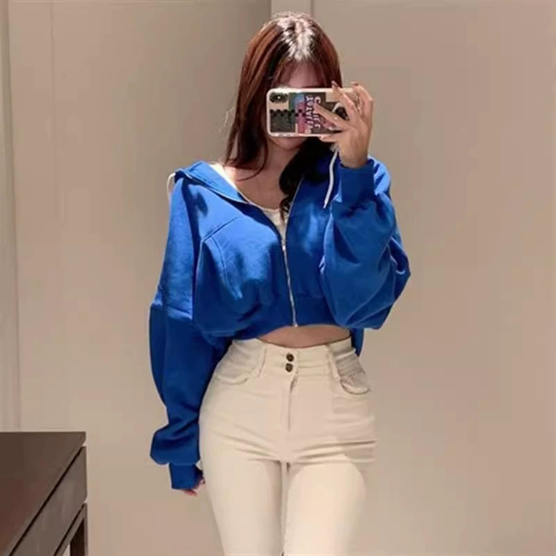 Autumn Winter Short Sweatshirt for Women Solid Hooded Sports Zipper Cropped Jacket Woman Fashion High Waist Loose-Fit Hoodies