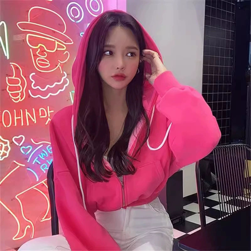 Autumn Winter Short Sweatshirt for Women Solid Hooded Sports Zipper Cropped Jacket Woman Fashion High Waist Loose-Fit Hoodies