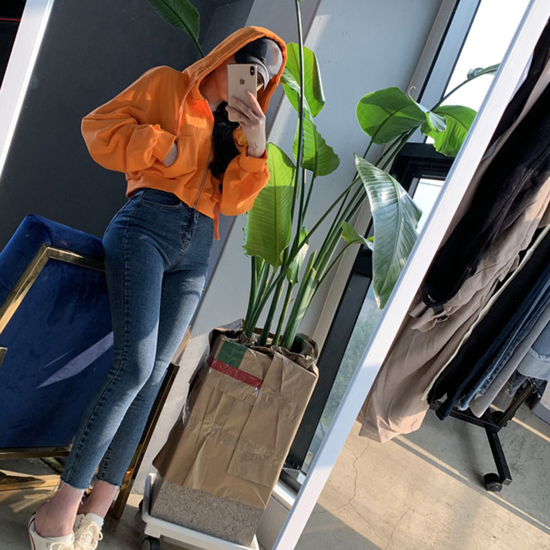 Autumn Winter Short Sweatshirt for Women Solid Hooded Sports Zipper Cropped Jacket Woman Fashion High Waist Loose-Fit Hoodies