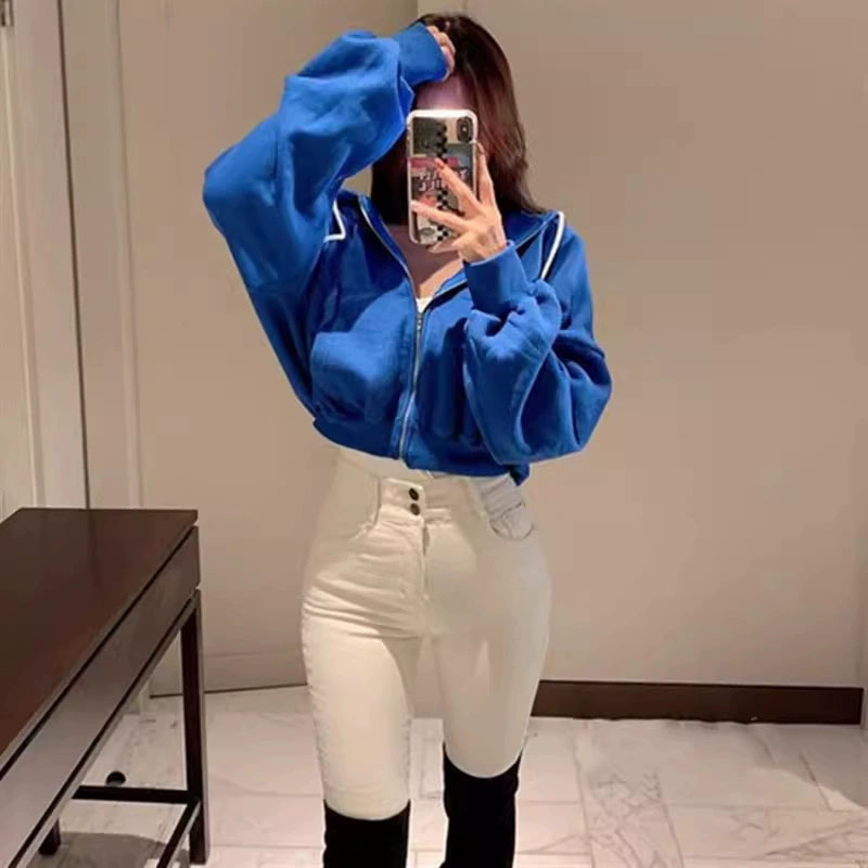Autumn Winter Short Sweatshirt for Women Solid Hooded Sports Zipper Cropped Jacket Woman Fashion High Waist Loose-Fit Hoodies