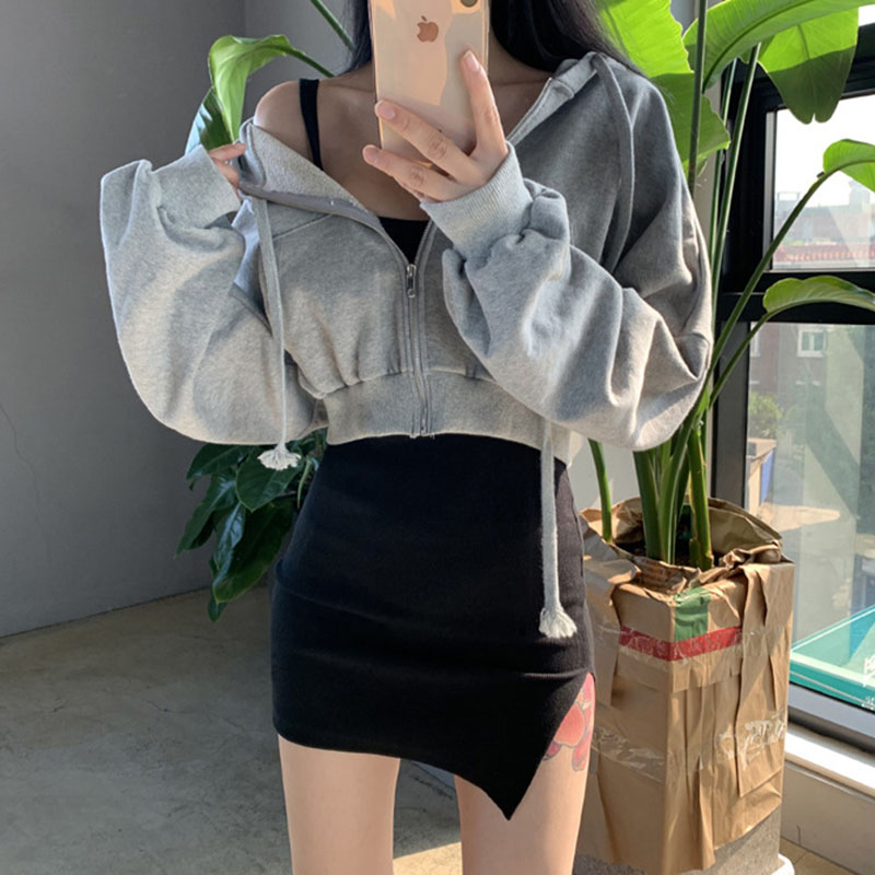 Autumn Winter Short Sweatshirt for Women Solid Hooded Sports Zipper Cropped Jacket Woman Fashion High Waist Loose-Fit Hoodies
