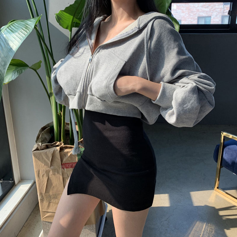 Autumn Winter Short Sweatshirt for Women Solid Hooded Sports Zipper Cropped Jacket Woman Fashion High Waist Loose-Fit Hoodies