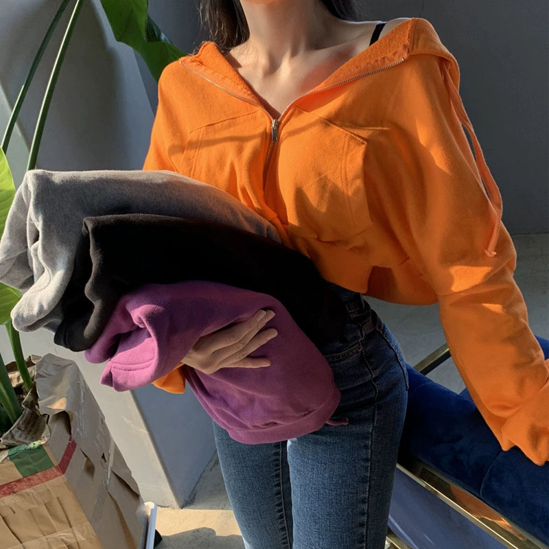 Autumn Winter Short Sweatshirt for Women Solid Hooded Sports Zipper Cropped Jacket Woman Fashion High Waist Loose-Fit Hoodies