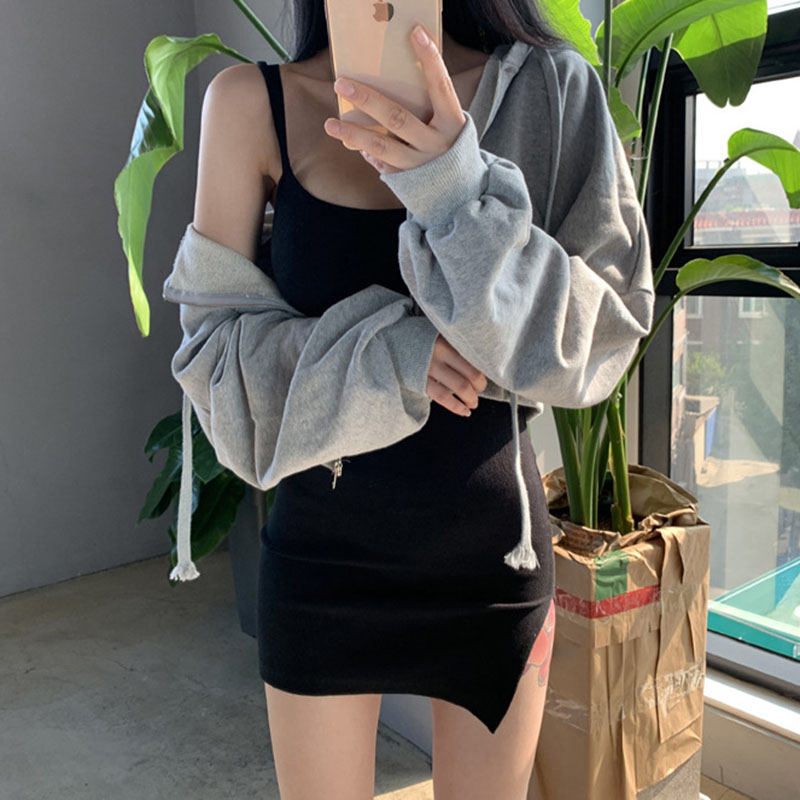 Autumn Winter Short Sweatshirt for Women Solid Hooded Sports Zipper Cropped Jacket Woman Fashion High Waist Loose-Fit Hoodies