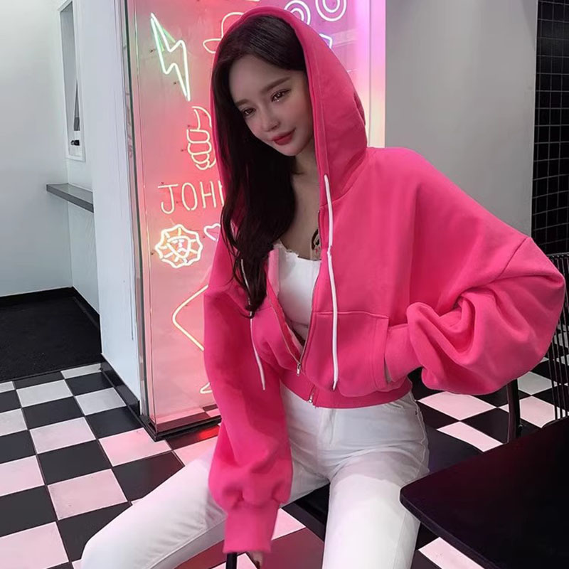 Autumn Winter Short Sweatshirt for Women Solid Hooded Sports Zipper Cropped Jacket Woman Fashion High Waist Loose-Fit Hoodies