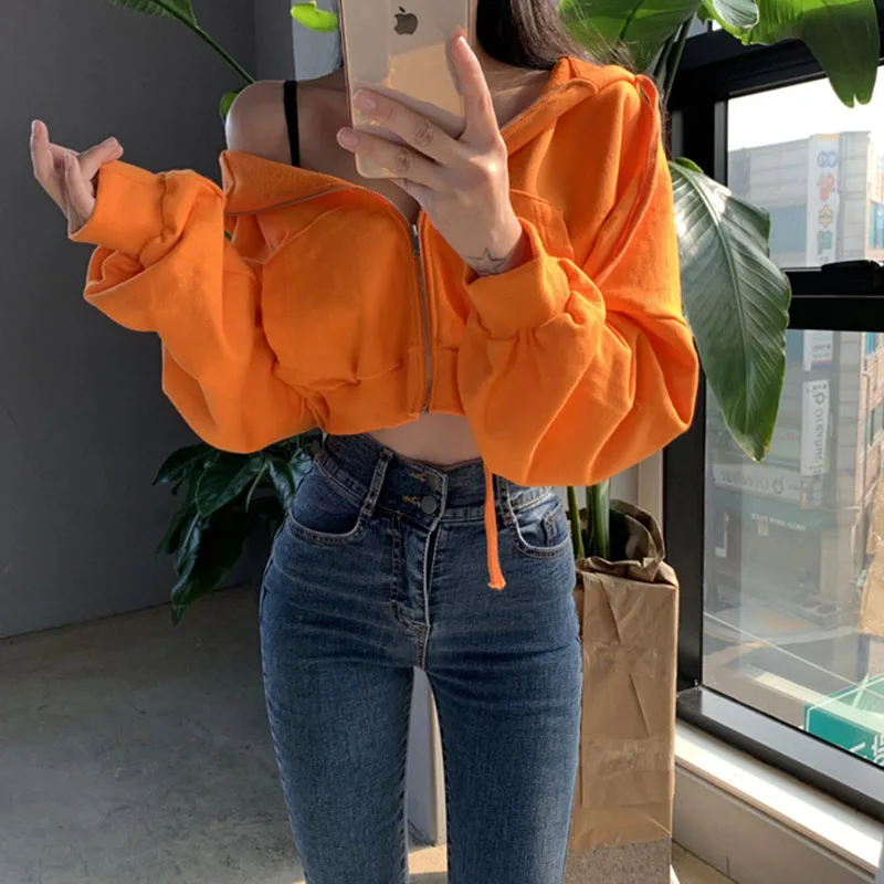 Autumn Winter Short Sweatshirt for Women Solid Hooded Sports Zipper Cropped Jacket Woman Fashion High Waist Loose-Fit Hoodies