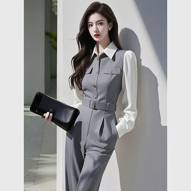 New Fashion Elegant Office Lady Jumpsuit Women High End Patchwork Lapel Long Sleeve Slim High Waist Pants Suit Spring Romper