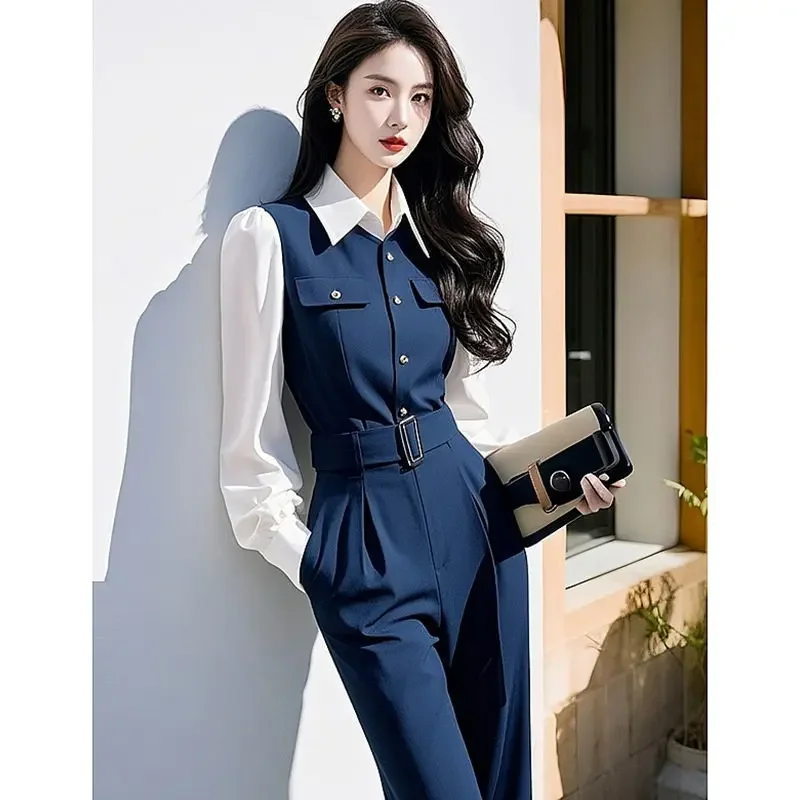 New Fashion Elegant Office Lady Jumpsuit Women High End Patchwork Lapel Long Sleeve Slim High Waist Pants Suit Spring Romper