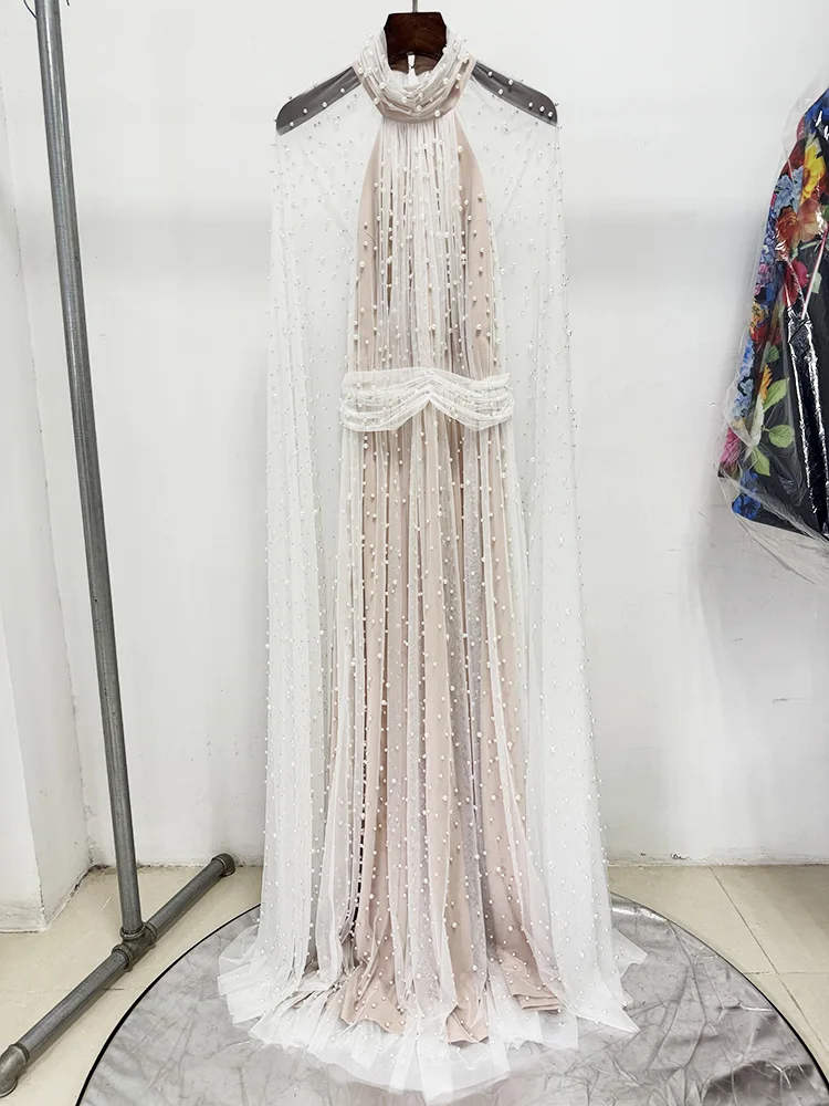 HIGH STREET Newest Fashion 2026 Designer Party Vestido Women's Pearls Beaded Gauze Long Maxi Dress