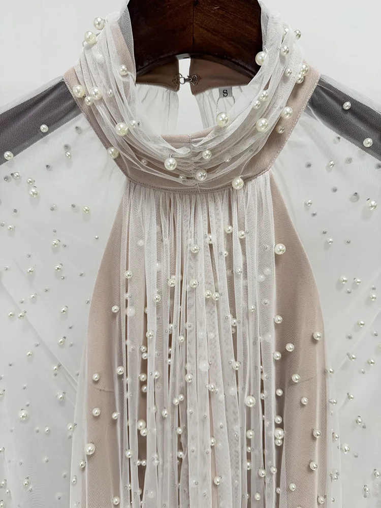 HIGH STREET Newest Fashion 2026 Designer Party Vestido Women's Pearls Beaded Gauze Long Maxi Dress