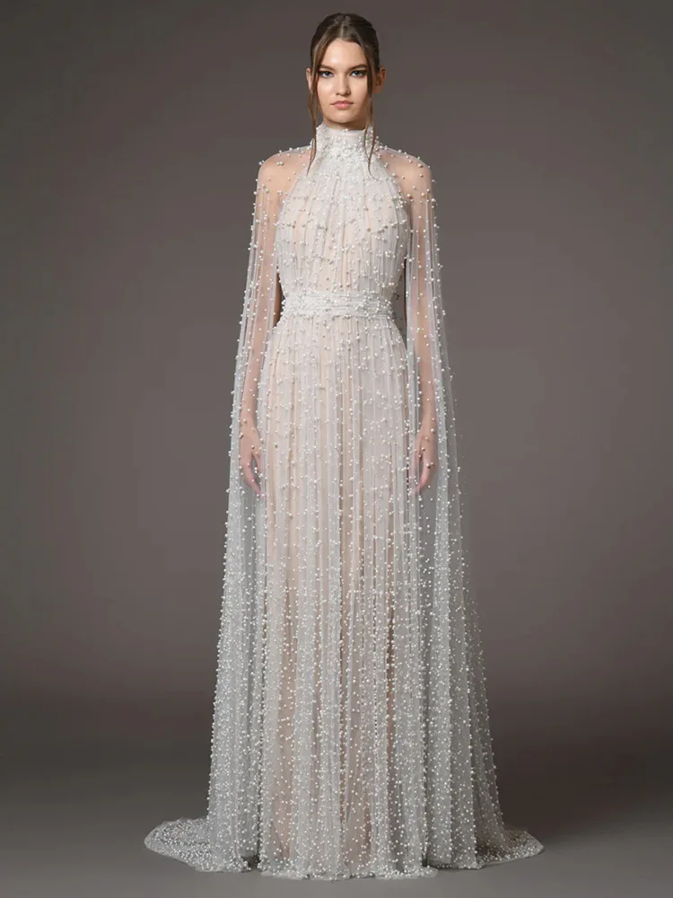 HIGH STREET Newest Fashion 2026 Designer Party Vestido Women's Pearls Beaded Gauze Long Maxi Dress