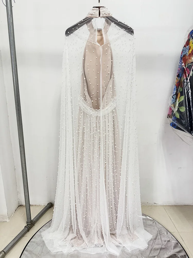 HIGH STREET Newest Fashion 2026 Designer Party Vestido Women's Pearls Beaded Gauze Long Maxi Dress