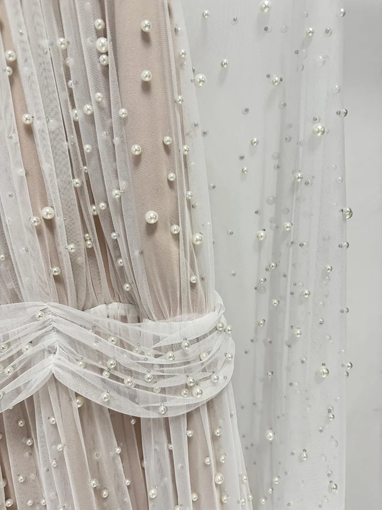 HIGH STREET Newest Fashion 2026 Designer Party Vestido Women's Pearls Beaded Gauze Long Maxi Dress