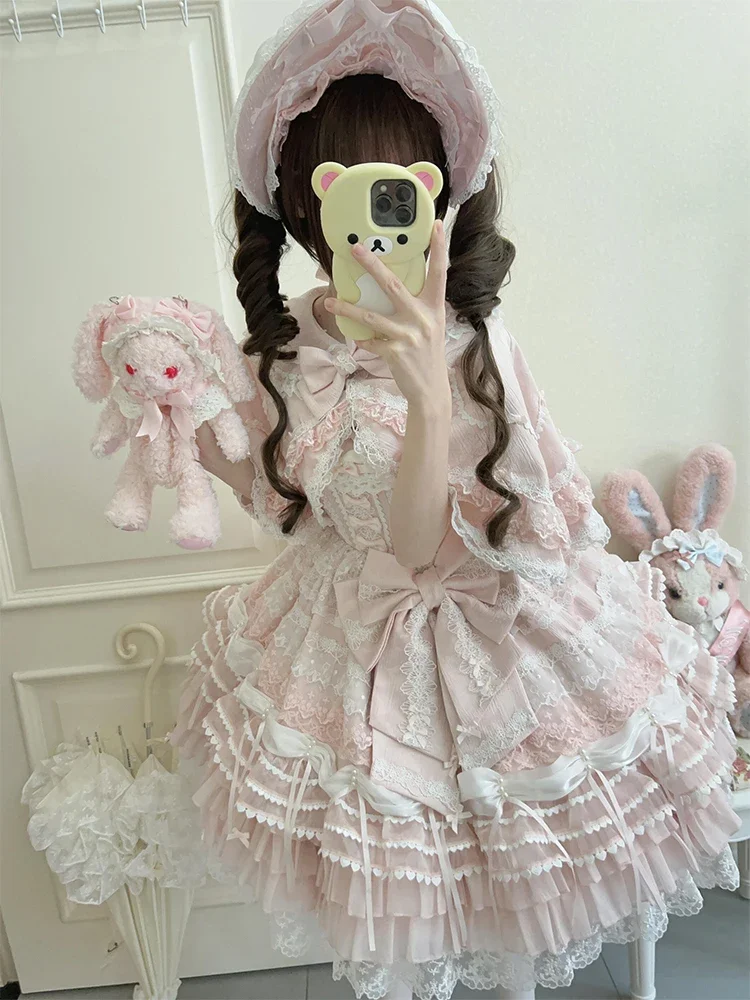 Lolita Pink Dress Women's Sweet Slim Fit Bow Lace with Cape Short Dress Set Spring New Blue Dress + Pin Bow + Neita + Cape