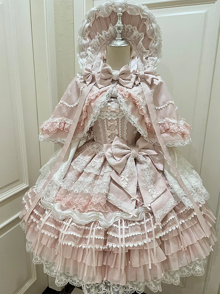 Lolita Pink Dress Women's Sweet Slim Fit Bow Lace with Cape Short Dress Set Spring New Blue Dress + Pin Bow + Neita + Cape