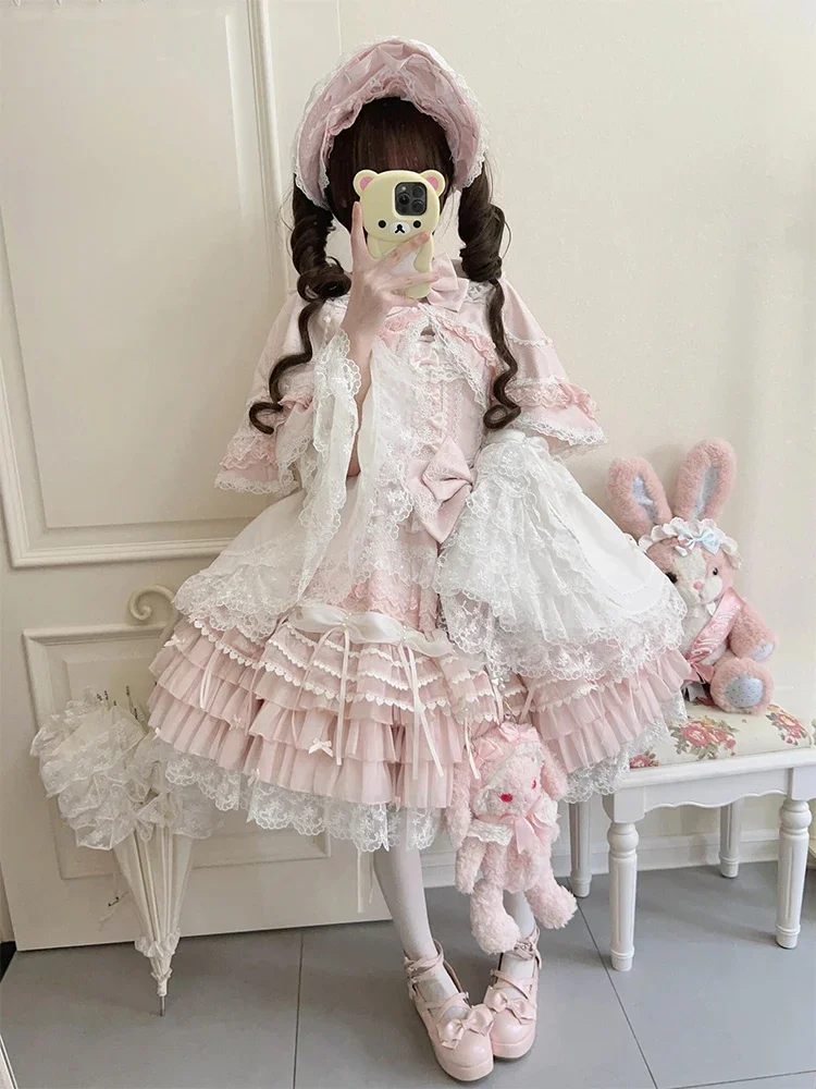 Lolita Pink Dress Women's Sweet Slim Fit Bow Lace with Cape Short Dress Set Spring New Blue Dress + Pin Bow + Neita + Cape