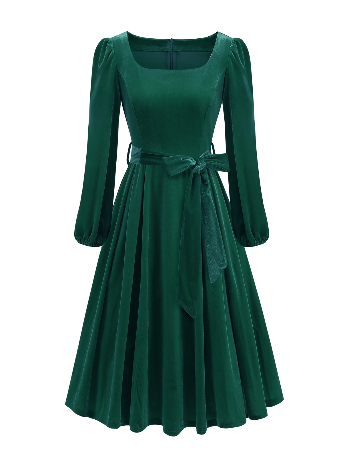 Tonval Red Velvet Christmas Elegant Party Women Dress Square Neck Long Bishop Sleeve Autumn Winter Belted Swing Dresses