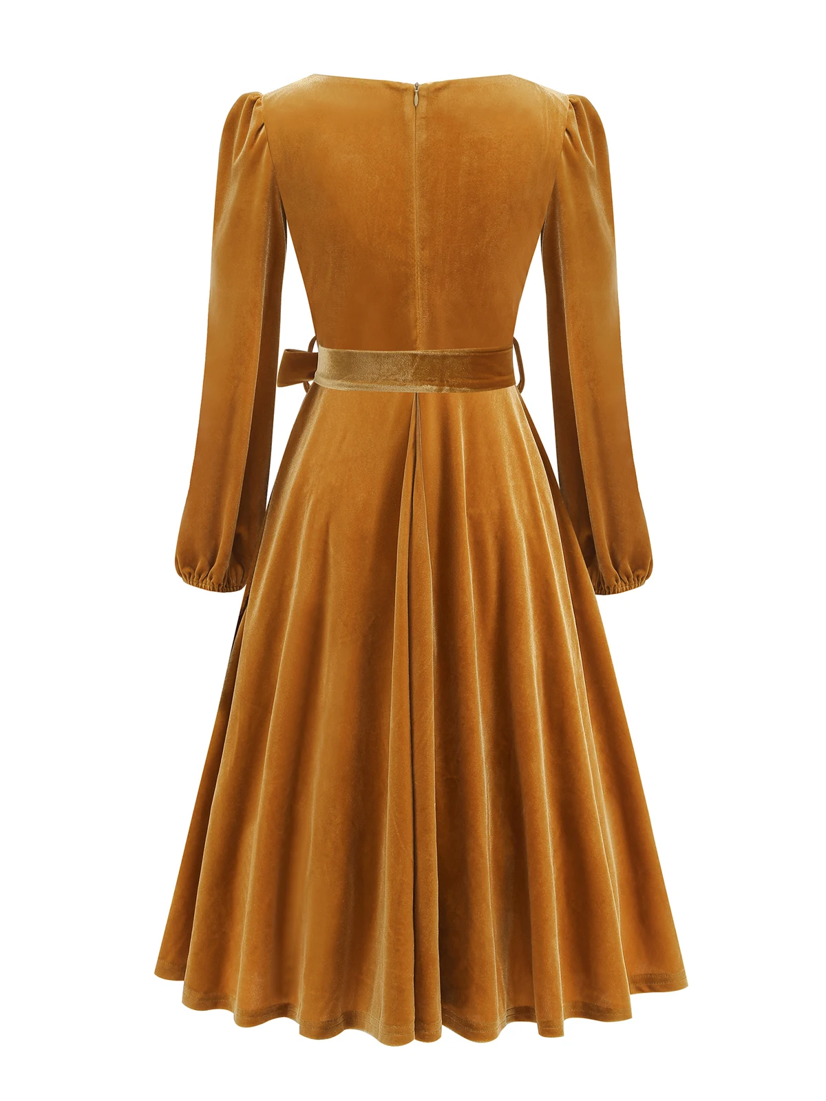 Tonval Red Velvet Christmas Elegant Party Women Dress Square Neck Long Bishop Sleeve Autumn Winter Belted Swing Dresses