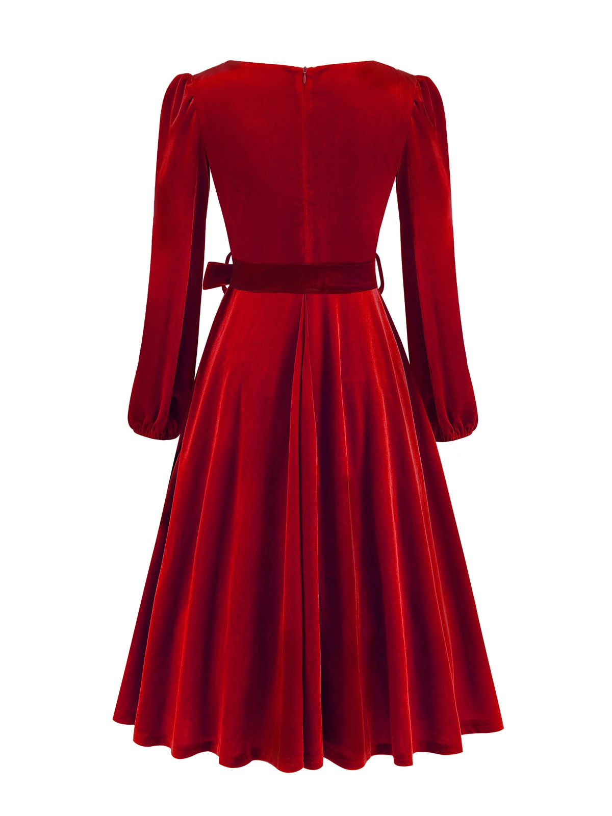 Tonval Red Velvet Christmas Elegant Party Women Dress Square Neck Long Bishop Sleeve Autumn Winter Belted Swing Dresses