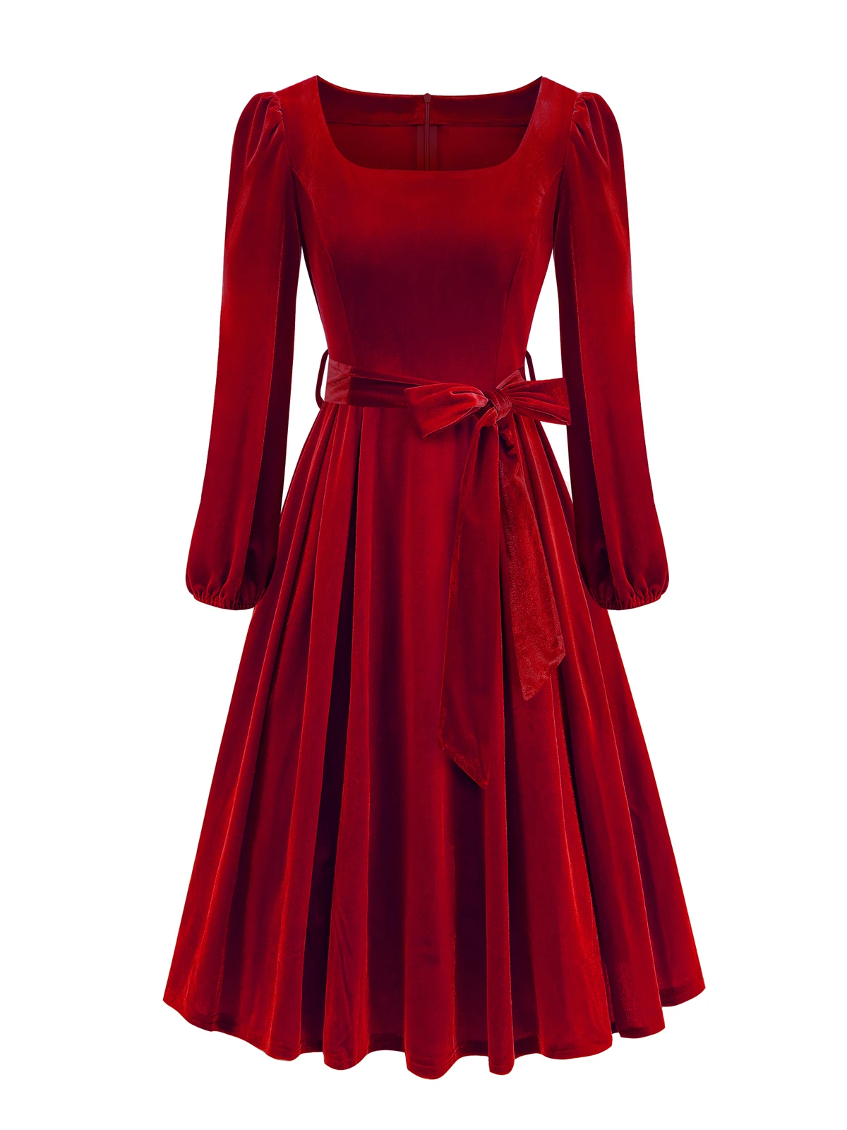 Tonval Red Velvet Christmas Elegant Party Women Dress Square Neck Long Bishop Sleeve Autumn Winter Belted Swing Dresses