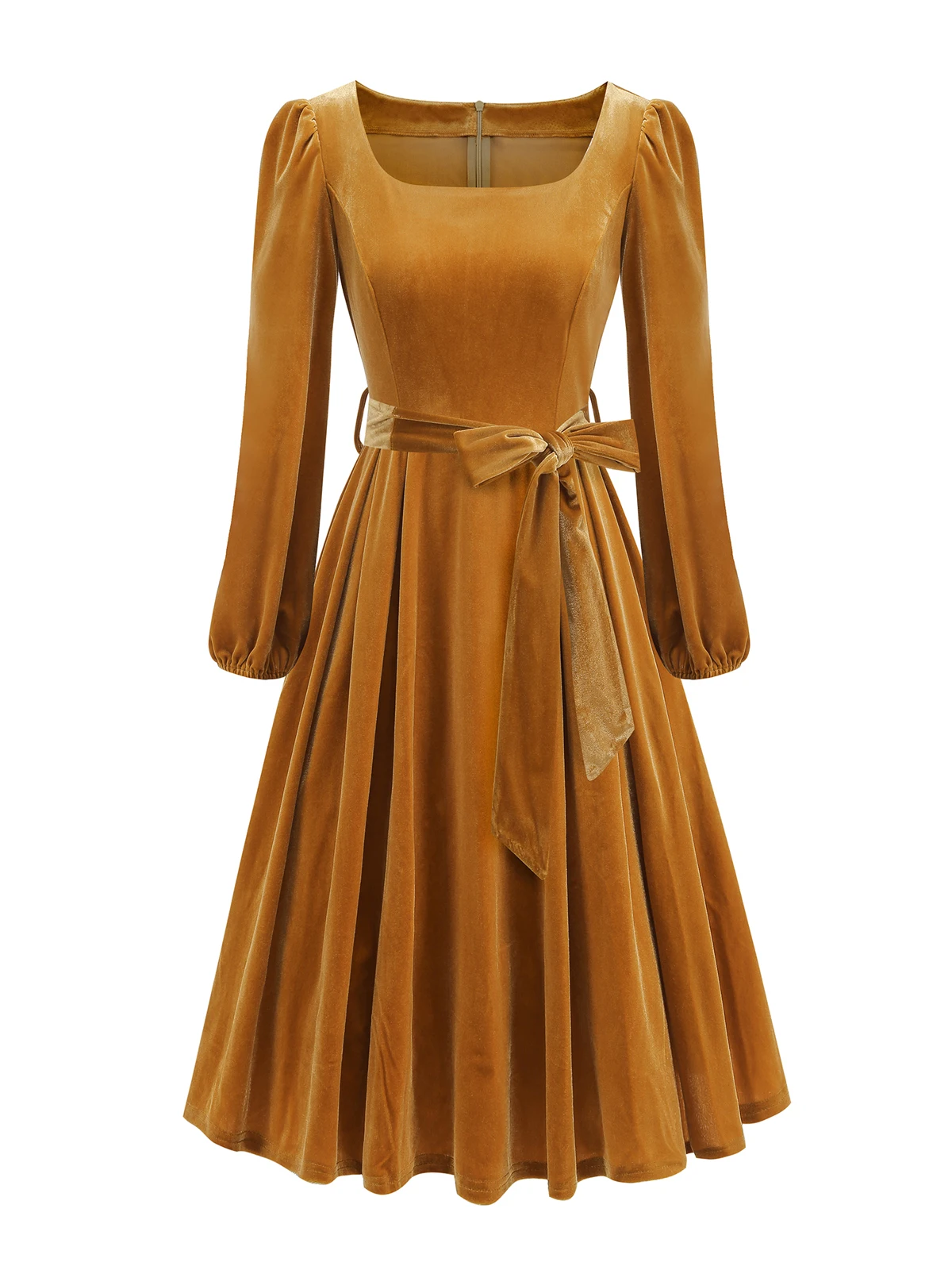 Tonval Red Velvet Christmas Elegant Party Women Dress Square Neck Long Bishop Sleeve Autumn Winter Belted Swing Dresses