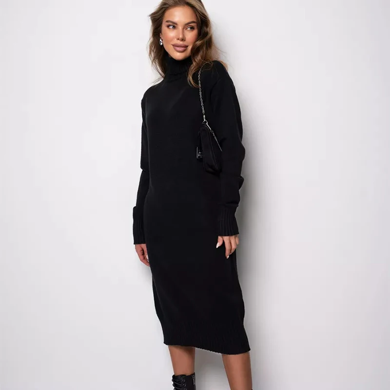 Ribbed Turtleneck Knitted Dress Women Autumn Winter Basic Long Sleeve Sweater Dress Woman Solid Color Long Dresses Female