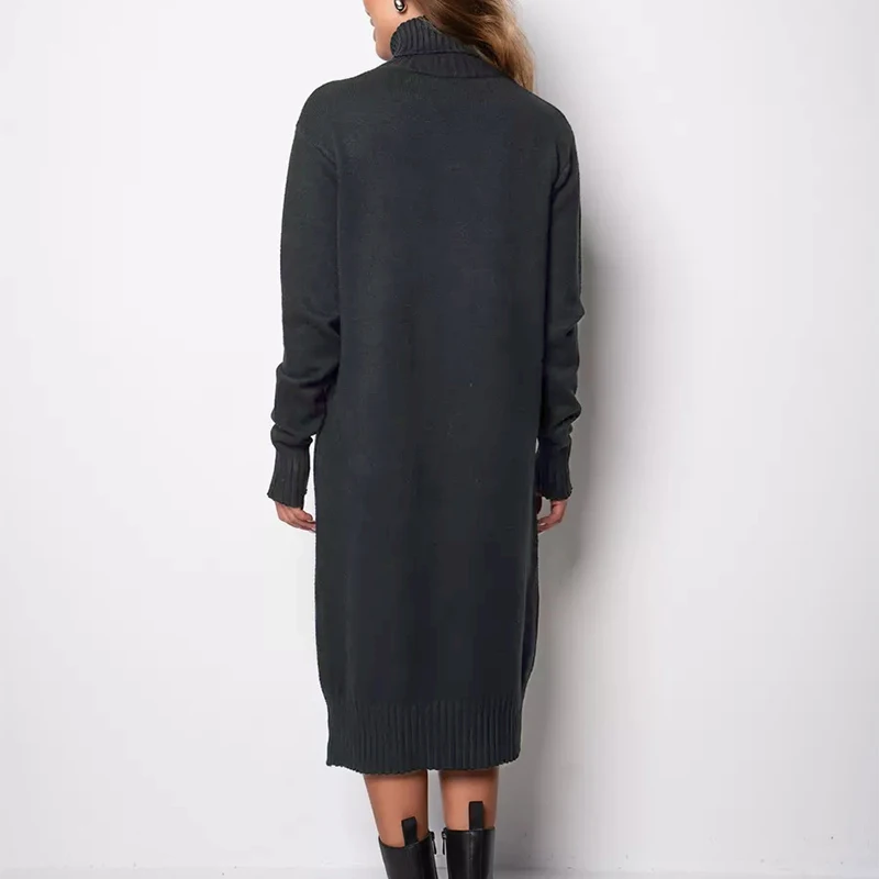 Ribbed Turtleneck Knitted Dress Women Autumn Winter Basic Long Sleeve Sweater Dress Woman Solid Color Long Dresses Female