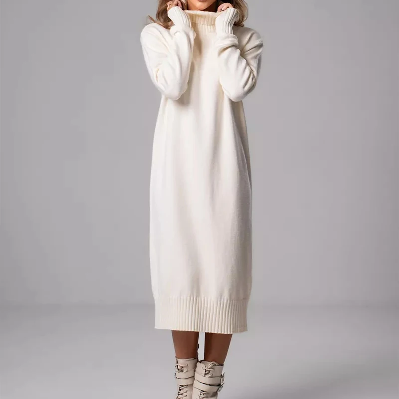 Ribbed Turtleneck Knitted Dress Women Autumn Winter Basic Long Sleeve Sweater Dress Woman Solid Color Long Dresses Female