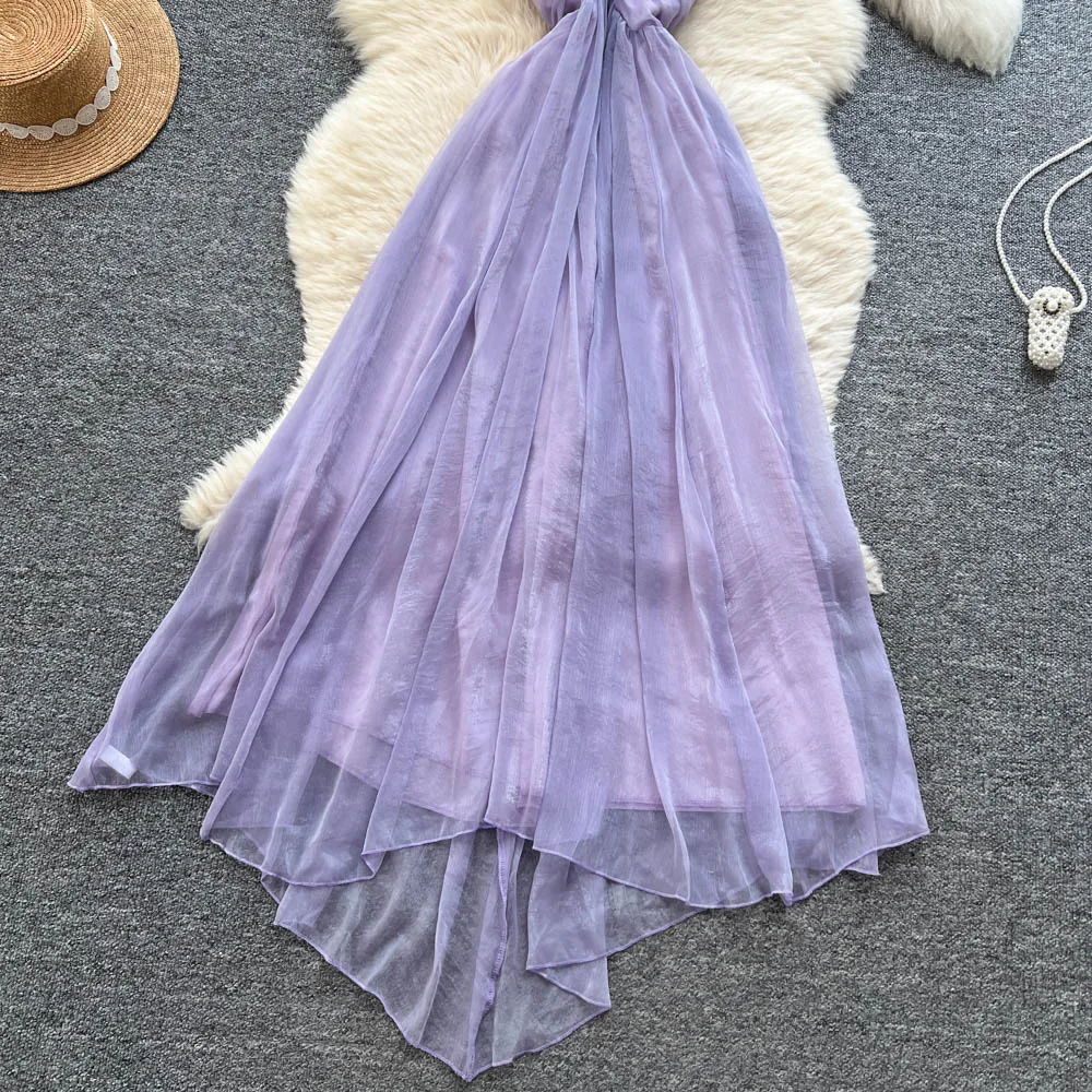 Chic vintage V-neck chiffon sleeveless dress Elegant Fairy korean fashion Boho Sundress women clothing