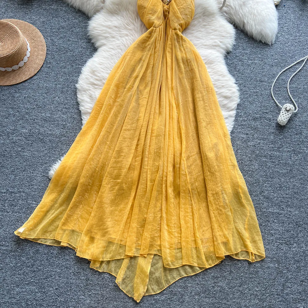 Chic vintage V-neck chiffon sleeveless dress Elegant Fairy korean fashion Boho Sundress women clothing