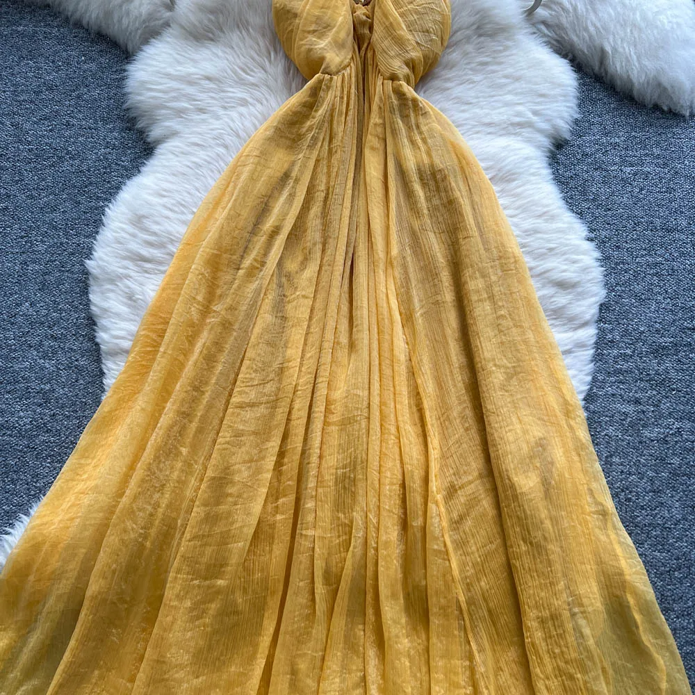 Chic vintage V-neck chiffon sleeveless dress Elegant Fairy korean fashion Boho Sundress women clothing
