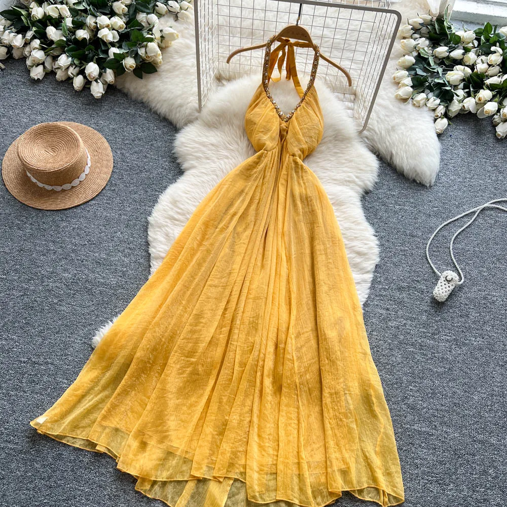 Chic vintage V-neck chiffon sleeveless dress Elegant Fairy korean fashion Boho Sundress women clothing