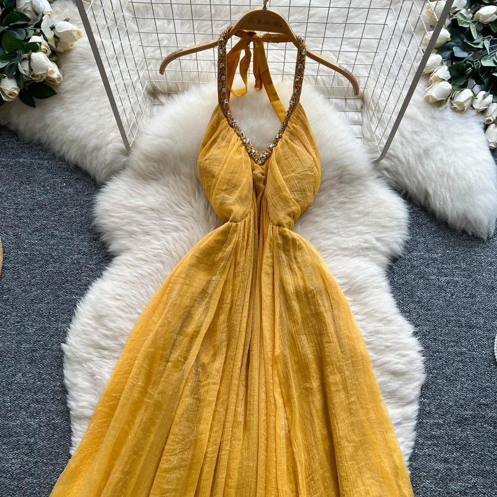 Chic vintage V-neck chiffon sleeveless dress Elegant Fairy korean fashion Boho Sundress women clothing