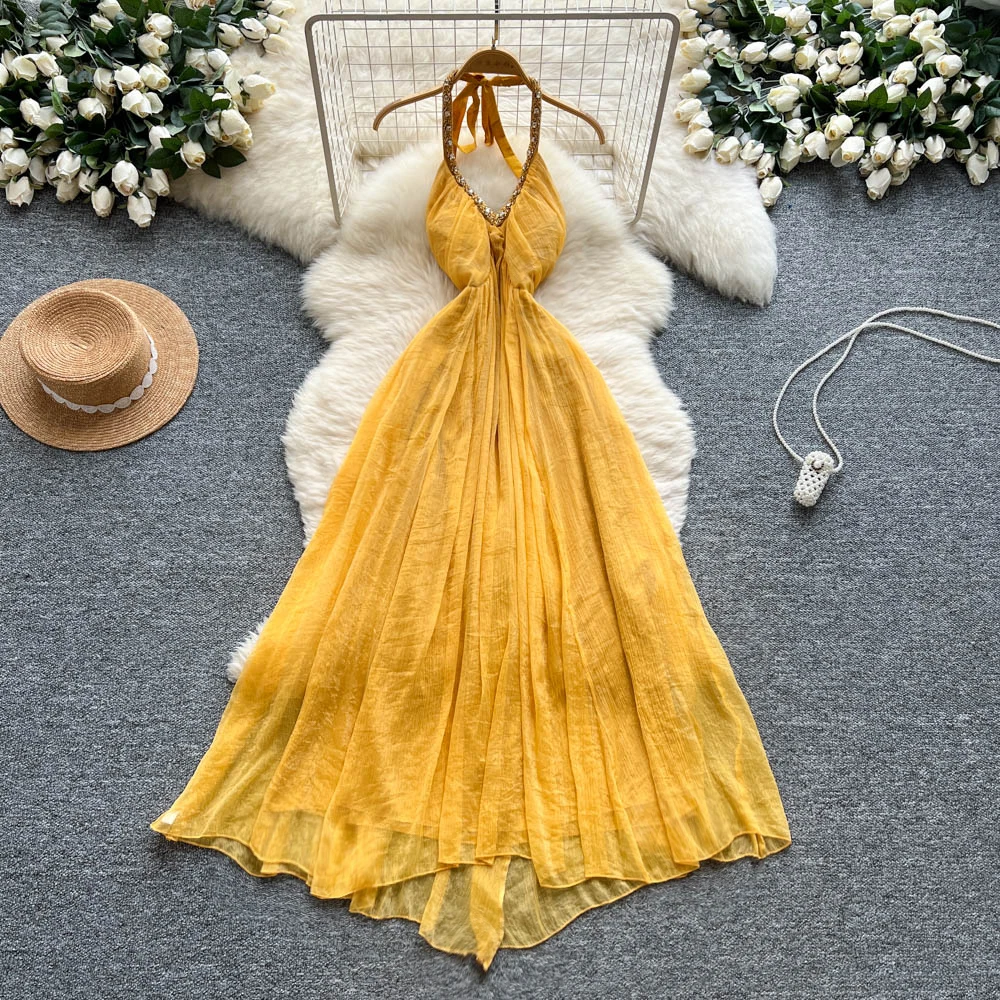 Chic vintage V-neck chiffon sleeveless dress Elegant Fairy korean fashion Boho Sundress women clothing